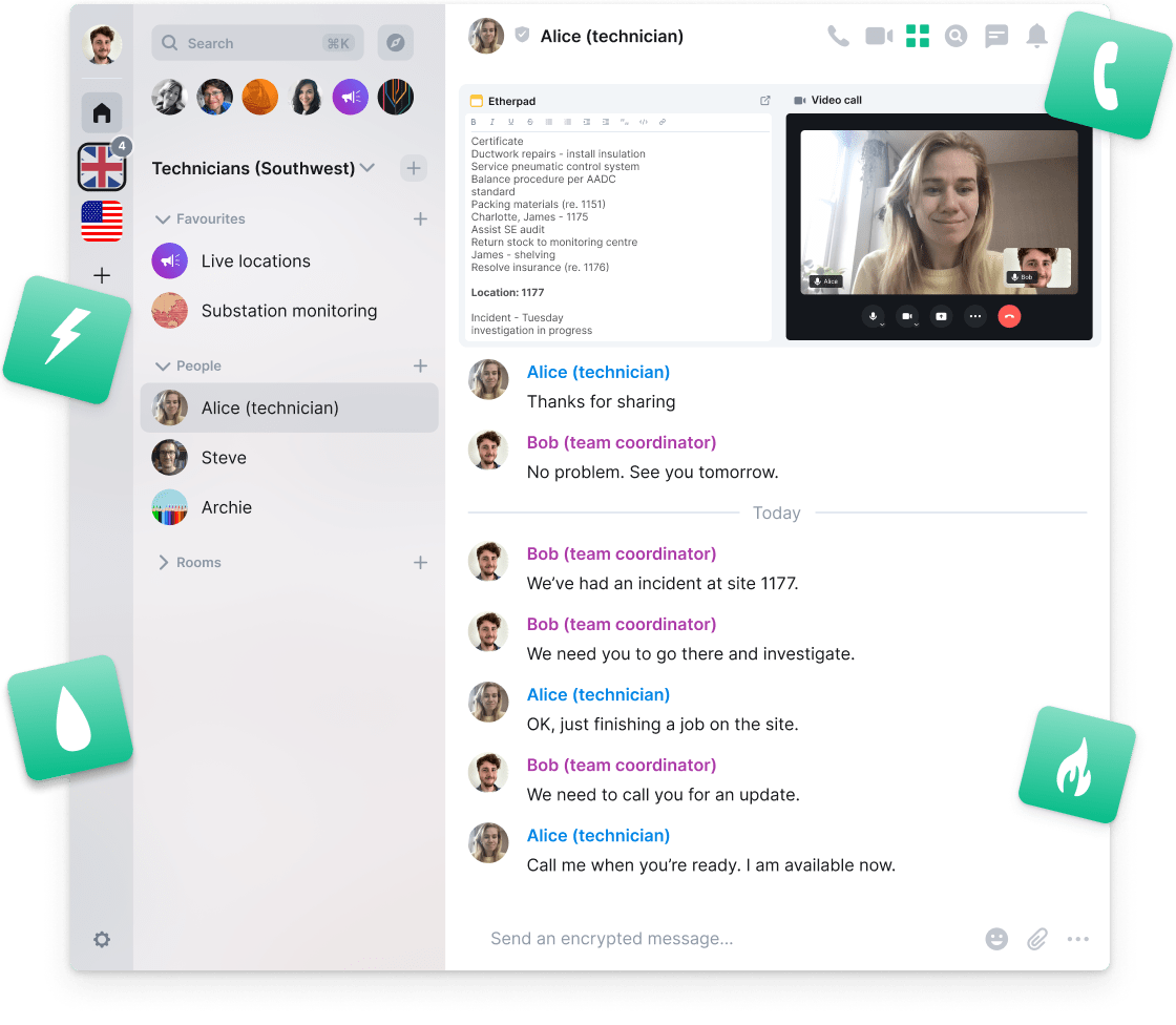 A screenshot of element depicting mission-critical communications between utilities coordinators and technicians, who are dicussing an incident on a video call, while making notes in room via a widget.